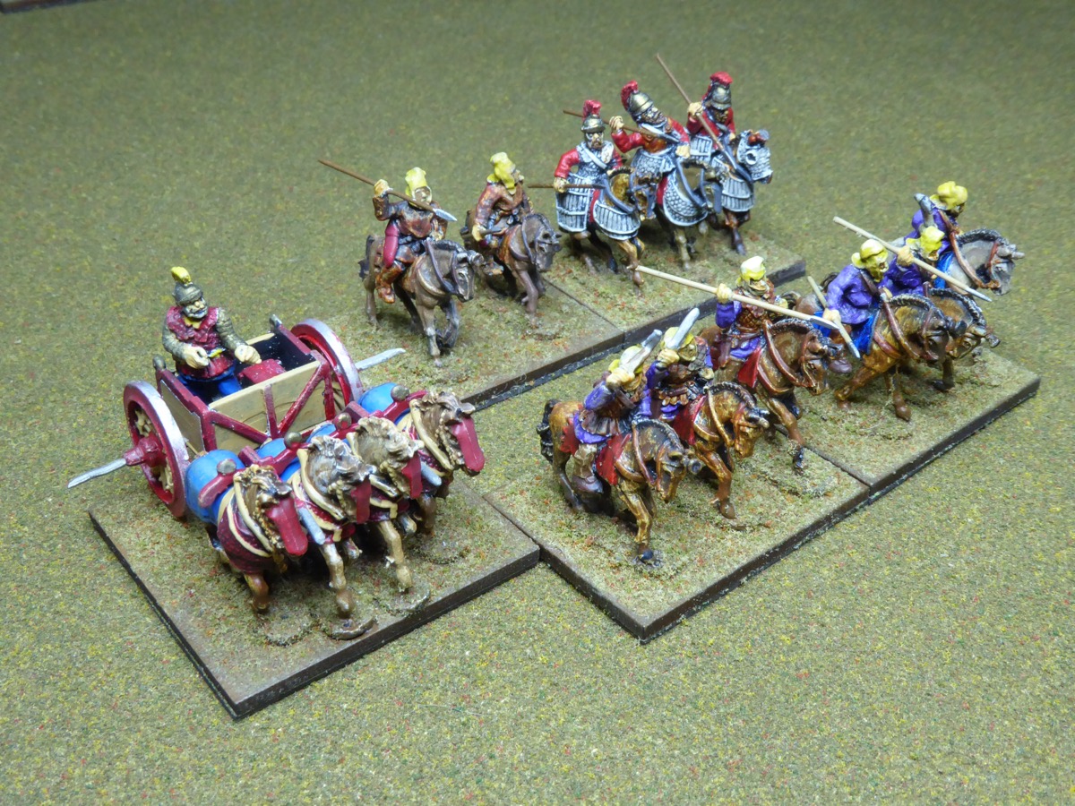 Scythed chariot, light horse, noble knights, and cavalry.