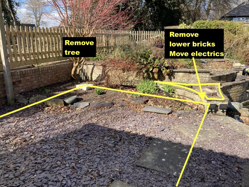 The site, showing the tree, small wall, and electrics that might need moving.